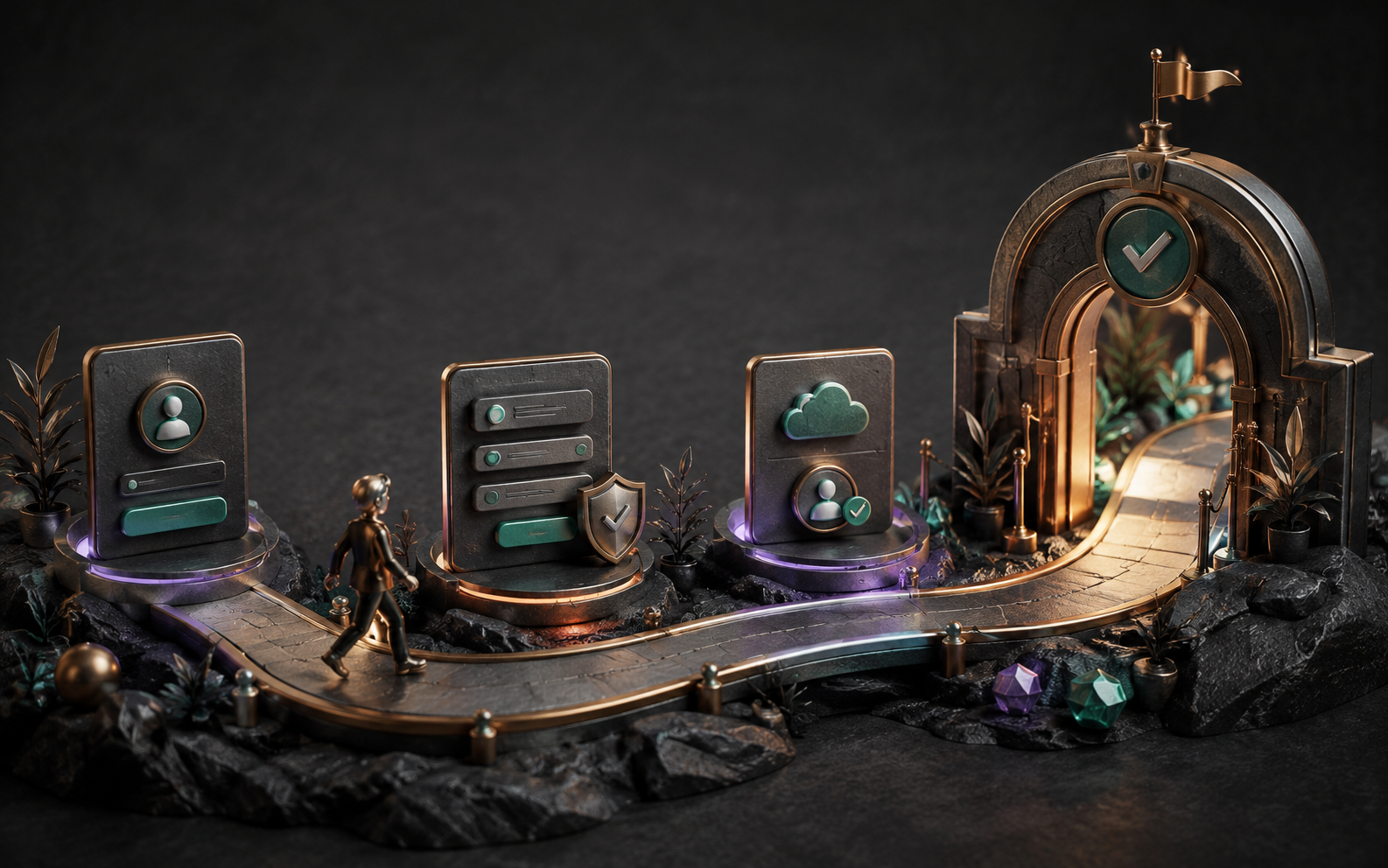 Illustration: a continuous clear path connects several polished interface stations with a welcoming finish arch