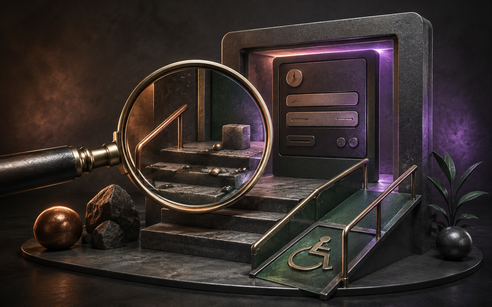Illustration: a magnifying lens inspects a miniature stair and accessible ramp leading to an interface doorway