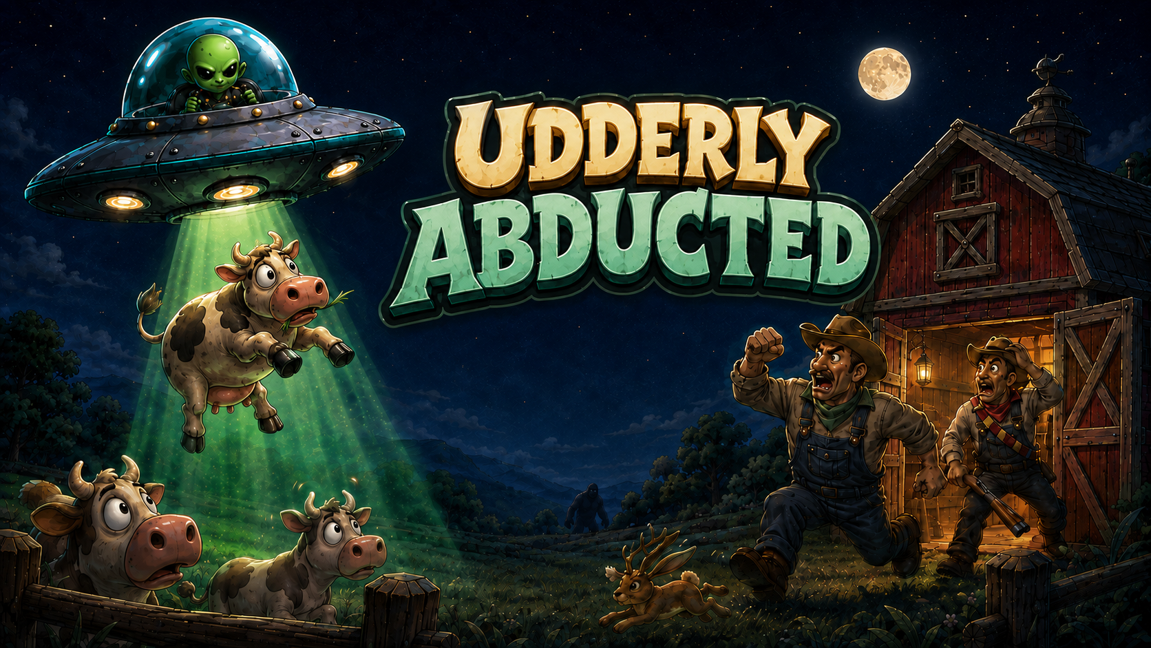 Udderly Abducted title artwork with a UFO, cows, and ranchers